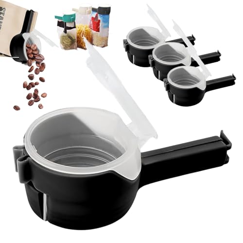 YISKY Verschlussclips mit Ausschütte, 4 Stück TüTenverschluss Frischeclips, Verschlussclips mit Deckel, Snackspender Frischeclips, Snackspender Clip, zum Verschließen von Trockenwaren (Schwarz)