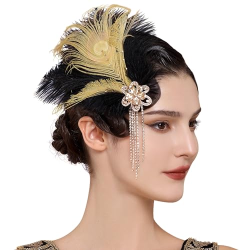 BABEYOND 1920s Peacock Feder Haarnadel - Diamant Quaste Haarspange Prom Damen Vintage Feder Kopfstück Schwarz-Gold