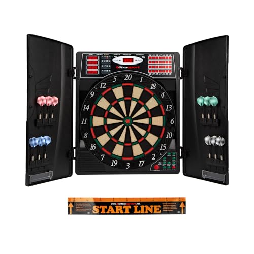 UItrasport elektronisches Dartboard mit Türen, Classic Dart für 16 Spieler, Dartspiel mit LED-Anzeige, 38 Spielen und vielen Varianten/Dartscheibe inklusive 12 Softpfeile und verschließbaren Türen