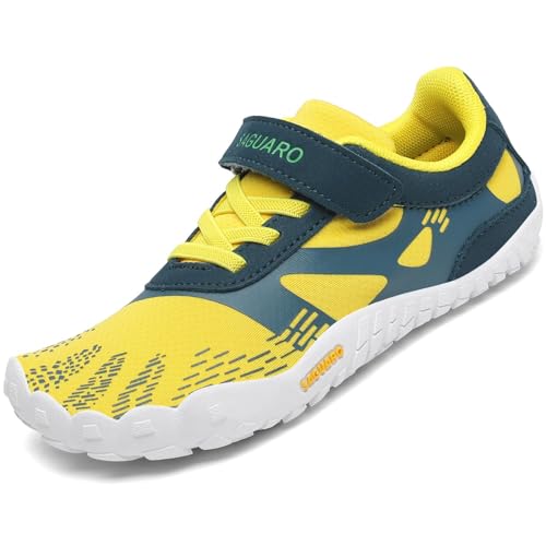 SAGUARO Kinder Barfußschuhe Jungen Atmungsaktiv Traillaufschuhe für Mädchen Sommer Unisex Zehenschuhe Outdoor rutschfest Freizeitschuhe Gelb 32 EU