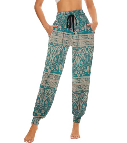 HAPYWER Haremshose Damen Lang für Sport Workout-Yogahose Jogginghose Sommerhose Leicht Weiche Lockere Bequem mit Groß Taschen-S-XXL(Flower68,S)