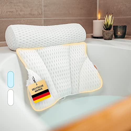 Vybelle® Badewannenkissen atmungsaktiver 4D Air Mesh [perfekte ergonomische Passform] Badekissen für Entspannung von Nacken und Rücken – inkl. extra Tragetasche – Bath tub Pillow Designed in Germany