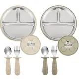 PandaEar 2 Stück Edelstahl-Baby-Saugnapfteller & 2er-Pack Löffel und Gabeln, Kleinkindutensilien, Baby-Fütterungsset, geteilte Teller für Baby-LED-Entwöhnungsbedarf, BPA-frei (Hellbraun/Walnuss)