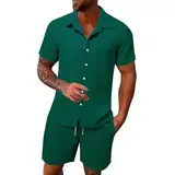 2 Teiler Herren Sommer Einfarbig Musselin Sportanzug Leinenanzug Herren Zweiteiliges Kurzarm Button-Up Revers Hemd und Shorts Set Jogginganzug Trainingsanzug Hawaii Anzug Sommer Outfit Herren