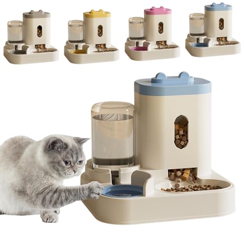 Wasser und Futterspender, Katzen Wasserspender Ohne Strom, Futterautomat Katzen Hunde 2 Näpfe, Trockenfutterspender für Katzen Reise, Wasserspender Katze Flasche, Futterspender (Blau)