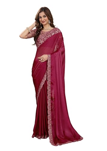 TRENDMALLS Damen Rangoli Seidenstickerei Sari mit Netz Pailletten Arbeit Bluse Stück, Weinrot, 5.5