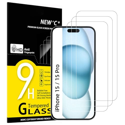 NEW'C 3 Stück, Panzer Schutz Glas für iPhone 15/15 Pro (6,1"), Frei von Kratzern, 9H Härte, HD Displayschutzfolie, 0.33mm Ultra-klar, Ultrabeständi