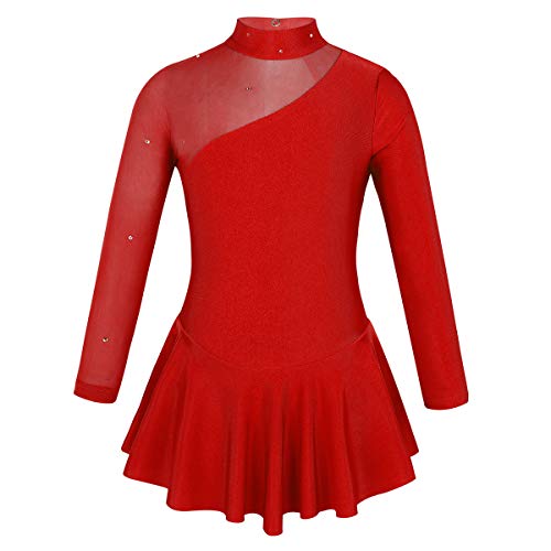 Freebily Kinder Mädchen Eiskunstlauf Langarm Mesh-Spleiß Tanz Ballettkleid Trikot Gymnastik Wettbewerb Kostüm Tanzkleidung Gr.98-176 Rot 128/8 Jahre