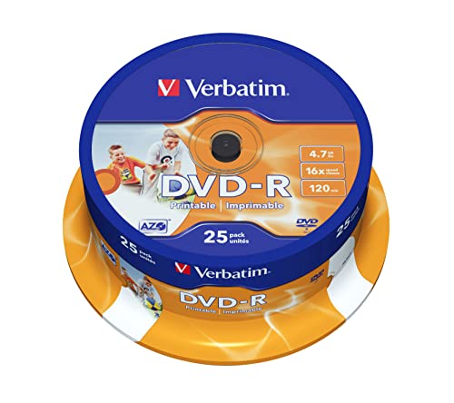 Verbatim DVD-R Wide Inkjet Printable 4.7GB, 25er Pack Spindel, DVD Rohlinge bedruckbar, 16-fache Brenngeschwindigkeit & Hardcoat Scratch Guard, DVD-R Rohlinge printable, DVD leer