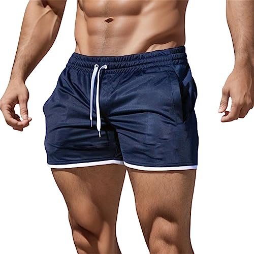 Generisch Männer Short Jogginghose Herren Frühling Sommer einfarbig kurz lässig Street Fitness Hosen Krawatte Taschen Sport Outdoor lässig kurz Locker Bequem Shorts (Navy, M)