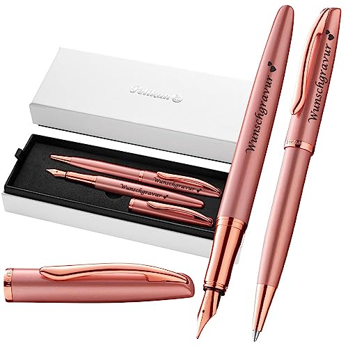 Pelikan Füller & Kugelschreiber Jazz® Noble Elegance im Set mit Wunschgravur | inkl. Geschenkeuti | Emoji Gravur | Pink Rose Schreibset mit Gravur PS204