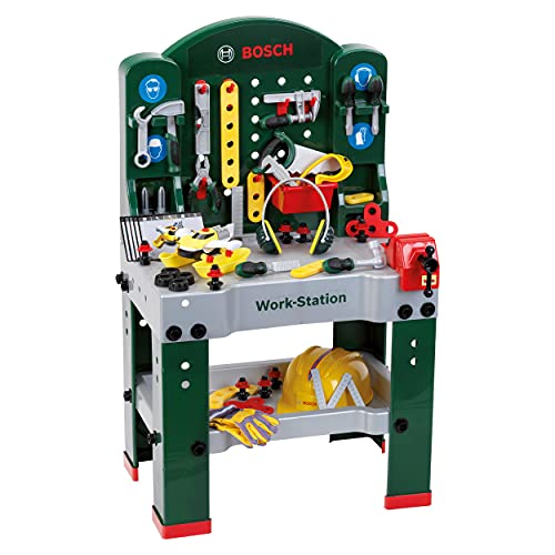 Theo Klein 8513 Bosch Workstation Werkbank mit Werkzeug, Montagefahrzeug und zahlreichem Zubehör Arbeitsplatte mit Lernfunktion Maße: 61 cm x 44,5 cm x 101 cm Spielzeug für Kinder ab 3 Jahren