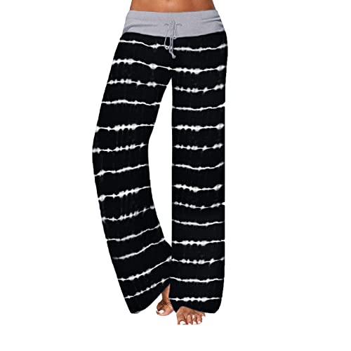 AMYTIS Damen Yogahose Stretch Freizeithose Bequeme Pyjamahose Schlafanzughose Lang Leichte Lounge Hose Hausanzug Hosen Relaxhose Fitness Sommer Weites Bein,Blackline,M