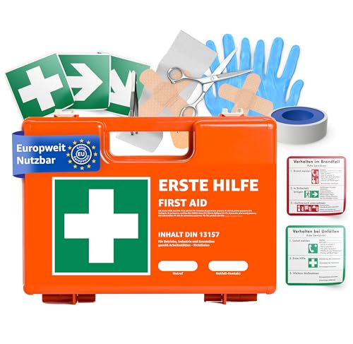 Erste Hilfe Kasten - DIN 13157 Koffer für Unternehmen & Betriebe - Verbandskasten orange nach aktueller Norm geprüft - Mit Aufkleber & Wandhalterung