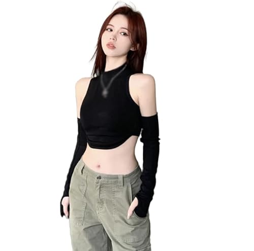 Frühling Herbst Y2k Frauen Ernte Top Koreanische Version Schwarz Schlank Sexy Lässig Ausgesetzt Nabel Mit Ärmeln Crop Top T-Shirt,Black,One Size