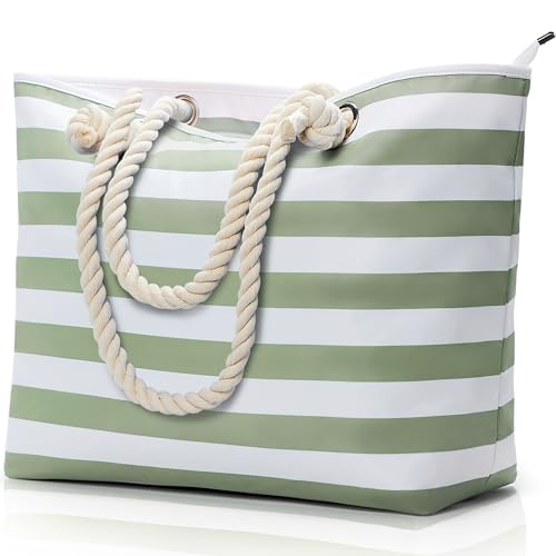 KALIDI Große Strandtasche mit Reißverschluss Wasserdicht Badetasche Strandtasche XXL Familie Beach Tote Bag mit Reißverschluss Große Shopper Damen Sporttasche Schultertasche, Streifen Grün Weiß