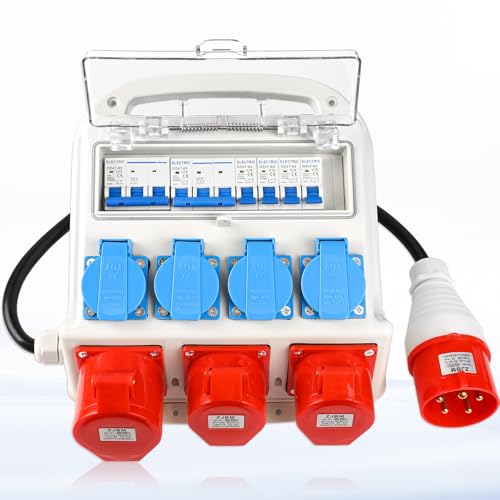 Warmfay Wandverteiler Vorverkabelt Stromverteiler, 4x 230V Schuko Steckdosen + 2x CEE 16A + 1x CEE 32A, Baustromverteiler mit Leitungsschutzschalter, IP67 Wasserdicht Gehäuse für Innen und Außen