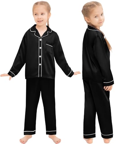 SWOMOG Passende Seiden-Pyjama-Set für die Familie Paar Button Down 2-teilig Nachtwäsche Langarm Seidiges Nachtwäsche-Pjs-Set Schwarz 140 cm