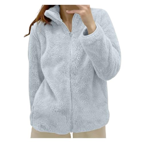 Generisch 2025 Einfarbige Fleecejacke für Damen mit Kragen und Reißverschluss, gemütliche Oberbekleidung Damen Winterjacke Mantel Wolle Kapuzenjacke (Blue, S)