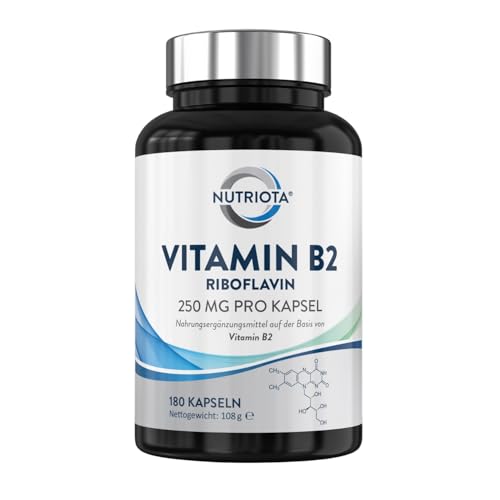 Vitamin B2 (Riboflavin) Hochdosierte 250 mg Kapseln – 180 Kapseln – veganfreundlich – von Nutriota