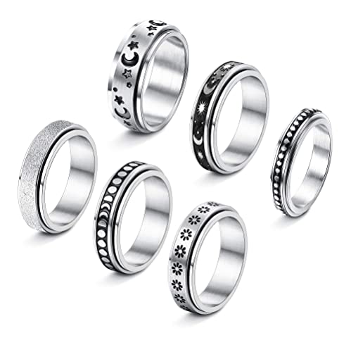 JeweBella 6 Stück Spinner Ring Set für Damen Herren Hypoallergen Drehbarer Edelstahl Ring Blume Moon Star Spinner Angst Ringe Zappel Band Ringe für Frauen Männer Größe 49-62