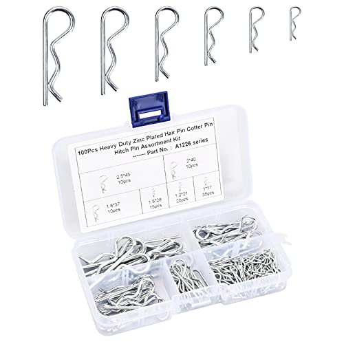 Hitch Pin Sortiment, 100 Stück Splinte Federstecker Set, 6 Größe Sicherungssplinte R-Clips mit Sortimentsbox, für den Einsatz auf Anhängerkupplungsstiften, Autos Mechaniker Verriegelungssystemen