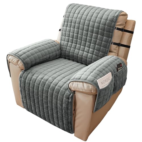 Alishomtll Sesselschoner für Relaxsessel Relaxsofa, 1 Sitzer Fernsehsessel Armlehne Sesselauflage, Anti-Rutsch Kratzfest Sesselüberzug mit 4 Taschen und 2 Verstellbaren Riemen, 53x190cm, Grau