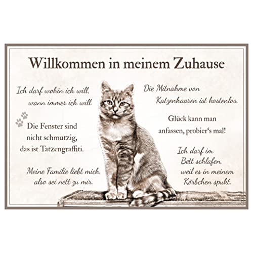 ZAUBERBILD Katzenschild 'Willkommen in meinem Zuhause' | Katzenregeln Türschild | 25x17cm Alu