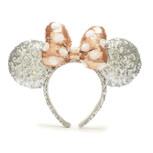 Disney Store Offizieller Walt Disney World Minnie Maus Ohren Haarreif in Roségold und Silber, Unisex Pailletten Kopf-Accessoire mit Schleife für Erwachsene - Einheitsgröße