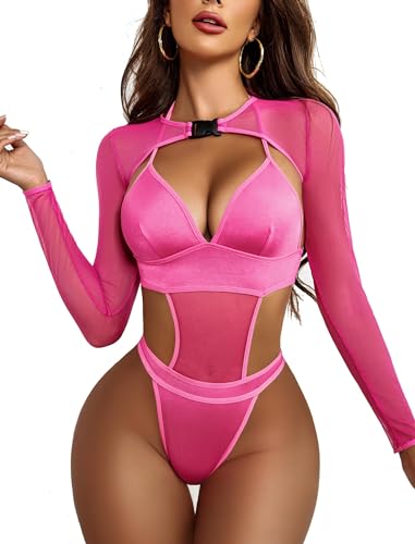 Avidlove Rave Outfits für Damen Sexy Dessous Bodysuit Schnalle Achselzucken Bauchfreies Top Set Rosenrot S