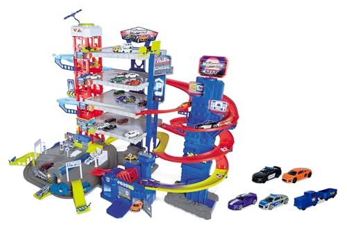 Majorette – Super Chase Center - Parkhaus mit 5 Etagen, mit Verfolgungsjagd, Parkgarage für Kinder ab 5 Jahren, inkl. Spielzeugautos, Zug, Aufzug, Licht & Sound