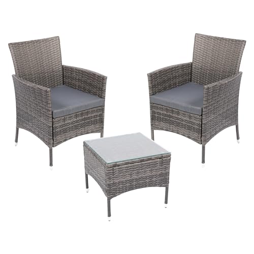 Albatros Balkonmöbel Set 3 teilig, Rattan Polyrattan, 2 Sessel mit Tisch, Lounge Set Balkon Gartenlounge Gartenmöbel Sitzgruppe mit Kissen und Glastisch, für Garten Terrasse Outdoor