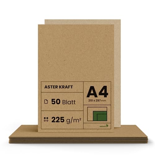 Netuno 50x Kraftpapier 225g DIN A4 210 x 297 mm Aster Kraft Kraftkarton zum basteln dickes Kraftpapier a4 Recycling Papier Bastelkarton Hochzeit Vintage brauner Karton Natur craft naturbraunes Papier