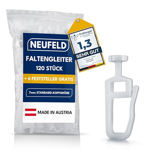 NEUFELD® 120 Gardinengleiter für Innenlaufschienen (inkl. 6 Feststeller) | 7mm Faltengleiter für Gardinenschienen, Vorhangschienen | Gardinenrollen