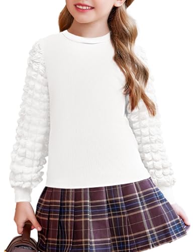 Arshiner Mädchen Langarmshirt Blasen Ärmel Pullover Kinder Rundhals Oberteile Langarm Freizeit Mode Strickpullover Herbst Winter Elegant Shirt für Mädchen 9-10 Jahre Weiß