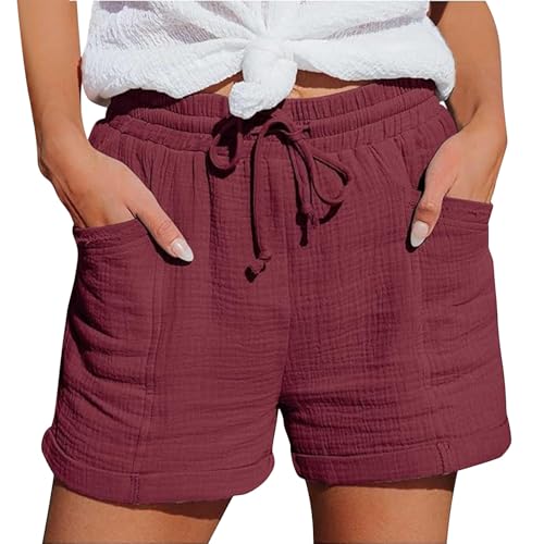 NUOKE Sommerhose Damen leicht,Strandkleid Damen, 2025 Sommer Leinen Musselin Beach Mit Taschen Mode Lässige Stoffhose Freizeit Stretch Gerades Bein Kordelzug Leinenhose, Wine XL