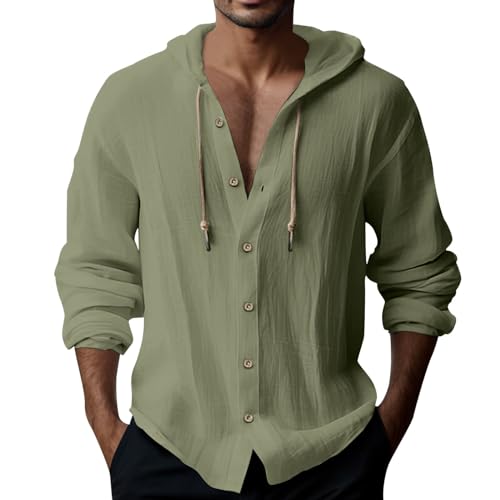 Mymyguoe Leinenhemd Herren Leinen Hoodie Sommer Einfarbig Hoody Henley Shirt Mit Kapuze Casual Langarm Kapuzenshirt Mit Kordelzug Leicht Sweatshirt Lockere Oberteil Herrenhemden Freizeithemden