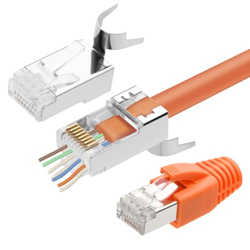 AXFEE RJ45 Stecker Cat7, 20 Stück Netzwerkstecker, Lan Stecker für Verlegekabel, mit Knickschutz Orange & Einführhilfe, Unterstützung 1.35 mm-1.45mm, RJ45 Kupplung, Ethernet Kabel für CAT 7