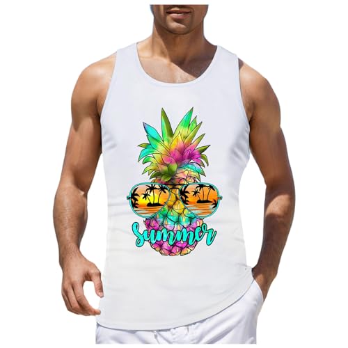 QWUVEDS Herren Sommerurlaub Strand Hawaii Digitales 3D-gedrucktes Top Weste Ärmelloses Top Ärmelloses Shirt Ärmelloses T-Shirt für Herren T-Shirt Sport Herren (White, XXXL)