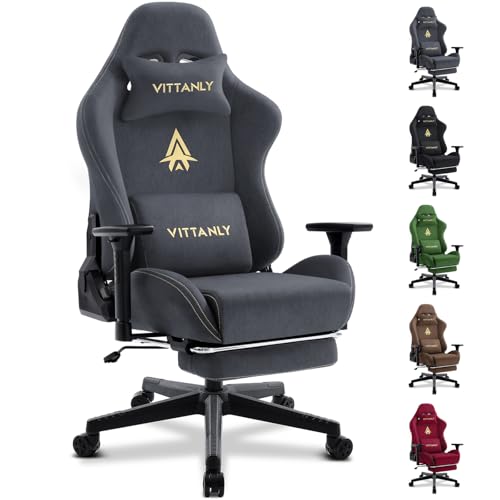 Vittanly Gaming Stuhl, Luxuriöser Atmungsaktiver Wildlederimitat Bürostuhl Gaming Chair, Ergonomischer Gamer Stuhl mit Fußstütze Kopfstütze und Lendenkissen, 3D Armlehnen, 90-155° Rückenlehne, Grau