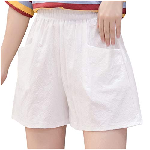 Shorts Damen Sommer Leinen Musselin Kurze Hose Damen mit Zwei Taschen Casual Stretch Weite Einfarbig Elegant Gerades Bein Sporthose Kurze Hose Gummiband Strandhose Leichte Leinenshort