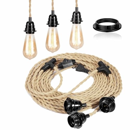 FRIDEKO HOME Pendelleuchte mit Stecker,3 Flammige Lampenfassung E27 mit Kabel,Vintage Lampenkabel mit Schalter mit 8,8M Hanfseil Plug,DIY Hängelampe für Esszimmer Schlafzimmer - Ohne Glühbirne