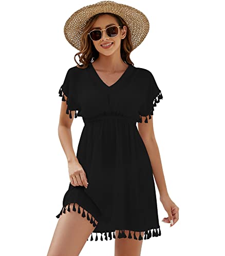 Onfettic Damen Strandkleid Sommer Badeanzug Strandtunika Chiffon Strandponcho Sommerkleider Bikini Cover mit V-Ausschnitt (Schwarz, L)