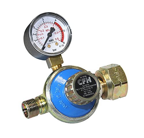 CFH Propan Druckregler Gasflasche stufenlos regulierbar 1-4 bar DR 115 - Gasdruckregler mit Manometer, Eingang G.5 und Ausgang H.6 3/8" gemäß EN 16129, Durchfluss 6-10 kg/h