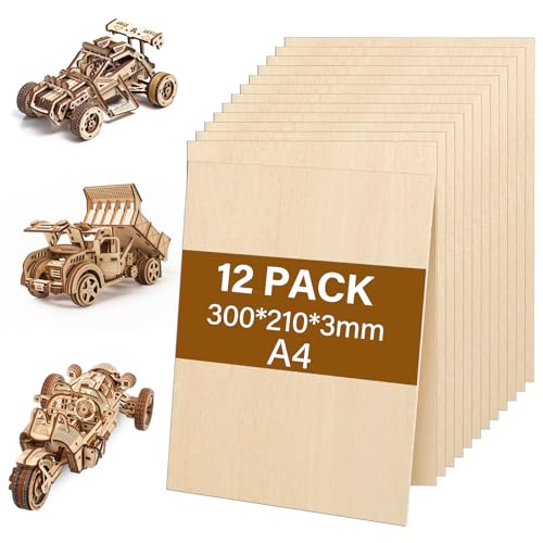 Tapvai 12 Stück Linde Sperrholz,mehrschichtig Sperrholz,Holzplatten zum Basteln,3mm Laser Holz Lindensperrholz,für Bastelarbeiten,Holzzuschnitte,Modellbau (A4)