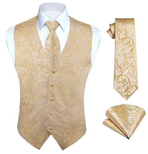 HISDERN Anzugweste für Herren Paisley Hochzeitsweste Krawatte Einstecktuch Taschentuch Jacquard Floral Anzug Weste Set Beige Champagner L