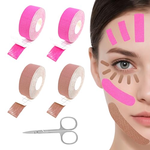 4 Rollen Face Lifting Tape,2.5 cm X 5 m Atmungsaktives Facelifting-Muskelband mit Der Schere,Multifunktional Myofasziales Gesichtstraffungsband für Straffung und Straffung der Haut (Farbe/Rosa)