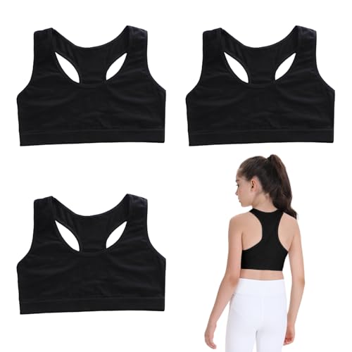 FUIPVGI 3 Stück Mädchen Sport BH Bustier Baumwolle,Ohne Bügel Bralette Bustier Mädchen,Trainings-BH für Mädchen Cami Crop Top Sport BH (DE/NL/SE/PL, Alter, 8 Jahre, 14 Jahre, Regular, Schwarz)