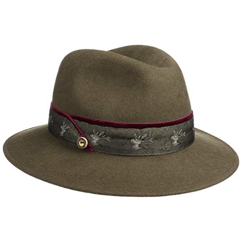 Lodenhut Manufaktur Damen Deertrim Filzhut Damenhut Trachtenhut Wollhut Wollfilzhut (55 cm - Oliv)