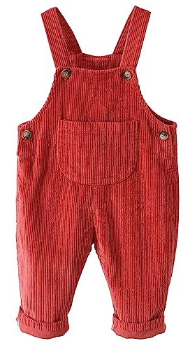 Panegy Unisex-Baumwoll-Latzhose Kleinkind Kord gestreift Knopf-Overall einfarbig lose Snap Neugeborenen-Overall Baby Kord-Overall einfarbig Strampler Outfit Baby Latzhose Rot 2-3 Jahre